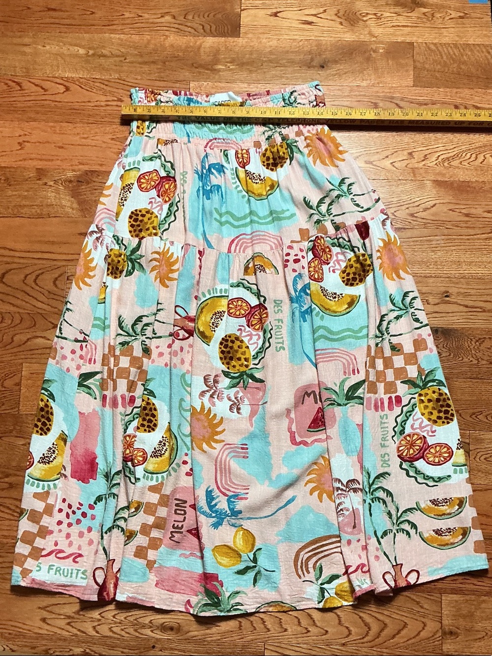 Anthropologie Paper Heart Tropical Fruit Midi Skirt in Pink, Aqua & Yellow